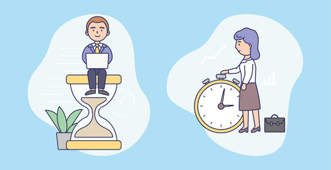 Timing, Business Planning, Time Management, Deadline At Work Concept. Male Character With Laptop Sits On A Hourglass. Businesswoman Sets The Time On A Clock. Cartoon Flat Style Vector Illustration