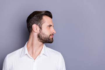 Profile side photo of stunning macho boss collar have spa salon skincare procedure prepare business meeting look copy space wear formal white shirt isolated over gray color background