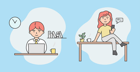 Work And Communication, Coffee Break Concept. Male And Female Characters Texting Online Using Laptop And Smartphone. Office Worker Chatting With Girlfriend. Cartoon Flat Style Vector Illustration