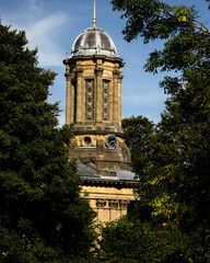 The Italianate tower of Saltaire United Reform Church which was built by Titus Salt opposite his historic mill is unusual on a non conformist place of worship