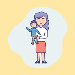 Woman And Sweet Child, Baby, Kid, Mother And Son Concept. Female Character Standing And Holding A Little Boy In Her Arms. Simple Cartoon Flat Style Vector Illustration Isolated On Yellow Background