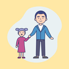Father s Daughter, Parent And Child, Baby Girl And Daddy Concept. Father Holding His Daughter Hand With Love And Care. Simple Cartoon Vector Illustration In Flat Style Isolated On Yellow Background