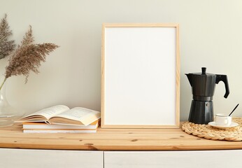 Books and coffee theme, empty frame for design, photo, print, boho style frame mockup.