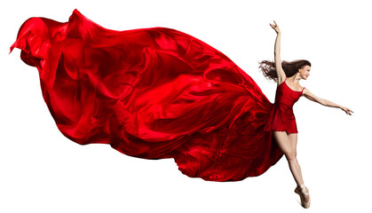 Ballerina Jump in Red Flying Silk Dress, Ballet Dancer in Pointe Shoes, Fluttering Waving Cloth,...
