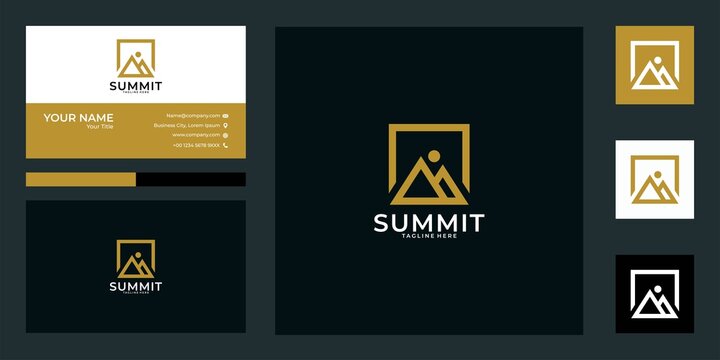 mountain summit line art logo design and business card. good use for application or website logo