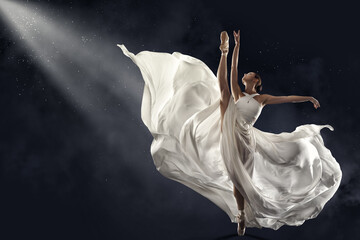 Ballerina Jumping in White Silk Dress, Modern Ballet Dancer in Pointe Shoes, Fluttering Waving Cloth, Gray Background - obrazy, fototapety, plakaty