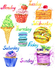 Lollipops, cake, macaroons, chocolate bar, jelly, mousse, candies, berry, ice cream and donut watercolor illustration. Yummy. sweet food. 