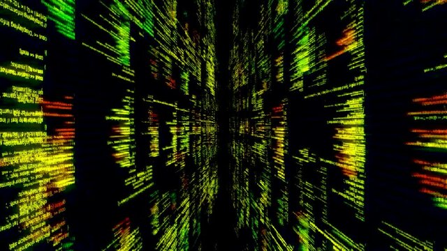 Abstract futuristic cyberspace, grunge glitch background. Animation. Concept of data center and modern technologies, moving through tons of data, seamless loop.