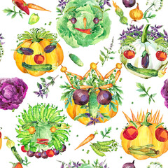 Organic food seamless pattern. Watercolor hand drawn vegetables illustration. 