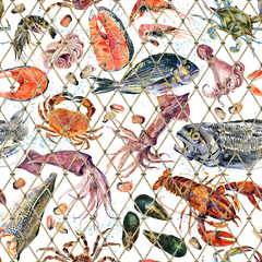 seafood seamless pattern. watercolor sea fish illustration