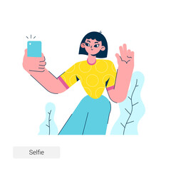 The girl holds the phone in her right hand and takes a selfie. Shows a friendly gesture to the camera. Photo on the phone camera. A woman makes content for her blog or vlog.