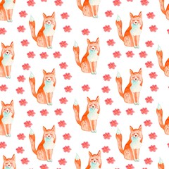 Seamless watercolor pattern with fox,primrose.Print with a cute animal on a white isolated background.Ornament in delicate spring flowers.Design for fabric,textiles,wrapping paper.