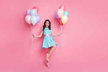Full length photo of curly pretty lady festive event prom party hold arms many air balloons...