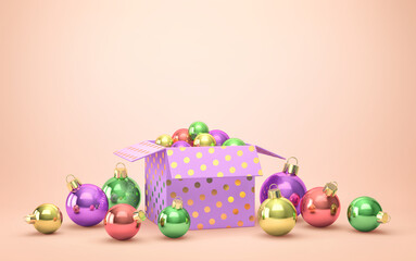 Gift box with christmas balls on beige background