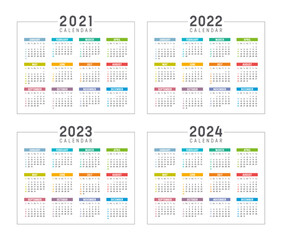 Years 2021 2022 2023 2024 colorful calendars set, isolated on white, weeks start Sunday. Vector templates.