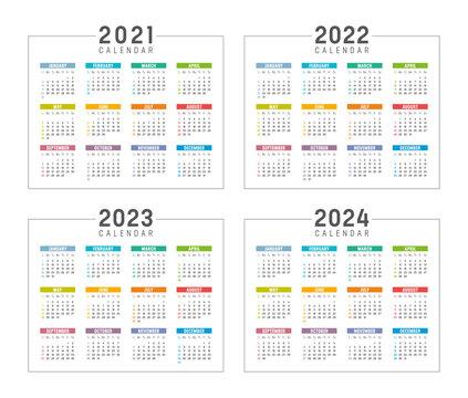 Years 2021 2022 2023 2024 colorful calendars set, isolated on white, weeks start Sunday. Vector templates.