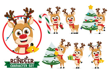 Reindeers vector character set. Reindeer characters in holding bell and candy cane, decorating christmas tree and gift giving for xmas season collection design. Vector illustration   
