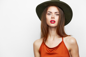 Woman in hat glamor cosmetics lipstick charming look 
