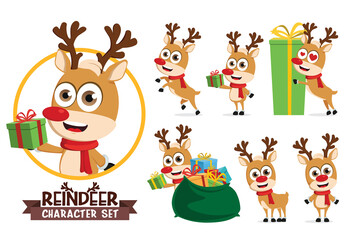 Reindeers character vector set. Reindeer characters in different gift giving pose and gestures isolated in white background for christmas holiday season cartoon design. Vector illustration