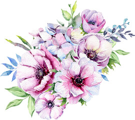 Watercolor hand painted anemone wreath, anemones bouquet