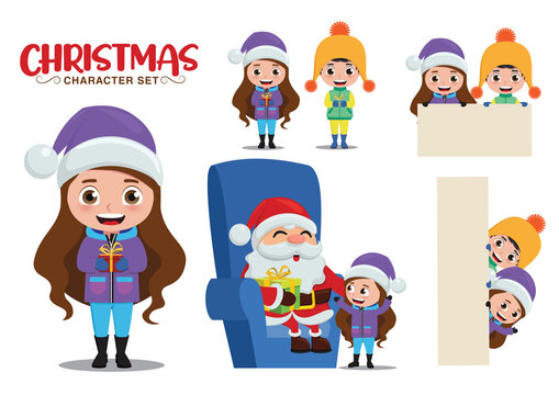 Christmas vector characters set. Christmas character kids in talking santa, holding gifts and white board isolated for xmas cartoon collection design. Vector illustration
