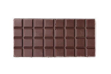 Molded bar of dark chocolate on a white background. View from above.
