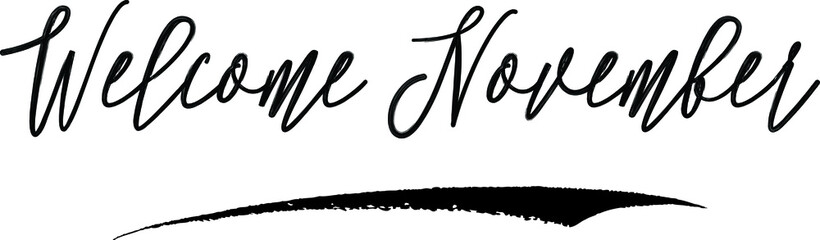 Welcome November. Handwritten Calligraphy Black Color Text On White Background