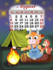 calendar with a symbol of year a bull of August