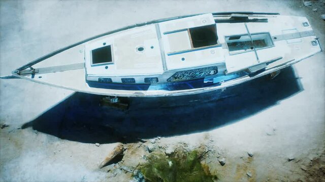 Stranded abandonned boat on the beach