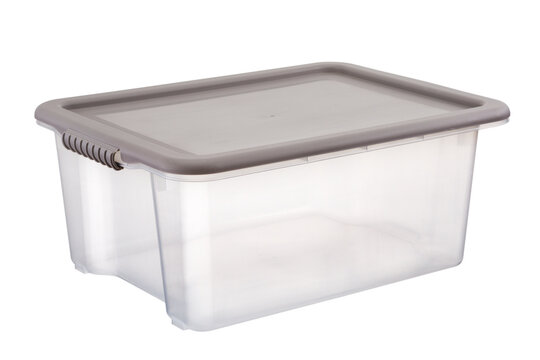transparent plastic storage containers on white background