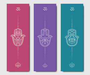 Set of design yoga mats. Lotus floral pattern, OM and Hamsa in oriental style for decoration sport equipment. Colorful ethnic Indian ornaments for spiritual serenity. Decor of card, poster, print.A