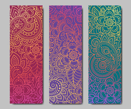 Set of design yoga mats. Floral pattern in oriental style for decoration sport equipment. Colorful ethnic Indian ornaments for spiritual serenity. Decor of business card, poster, print in henna tattoo