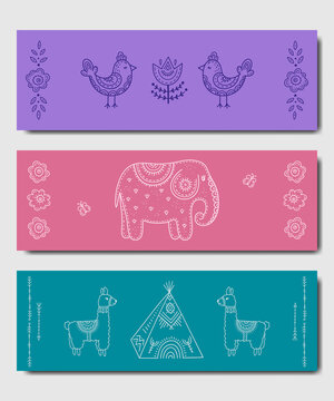 A set of designer yoga mats for children. Bright color pattern with funny animals in the style of kid's drawings-elephant, lama and birds. Business card decor, poster, print, sports equipment.
