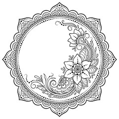 Circular pattern in form of mandala with flower for Henna, Mehndi, tattoo, decoration. Decorative ornament in ethnic oriental style. Outline doodle hand draw vector illustration.