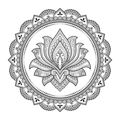 Circular pattern in form of mandala with lotus flower for Henna, Mehndi, tattoo, decoration. Decorative ornament in ethnic oriental style. Outline doodle hand draw vector illustration.