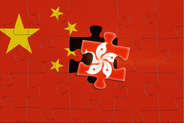 Puzzle of the Chinese flag and one piece with the flag of Hong Kong. Integration or separation of China and Hong Kong concept. 3d illustration