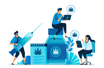 Cannabis and marijuana illustrations for research for health. Ganja is health commodities, drug, oils and herbs. Can be used for landing page, website, web, mobile apps, flyer banner, template, poster