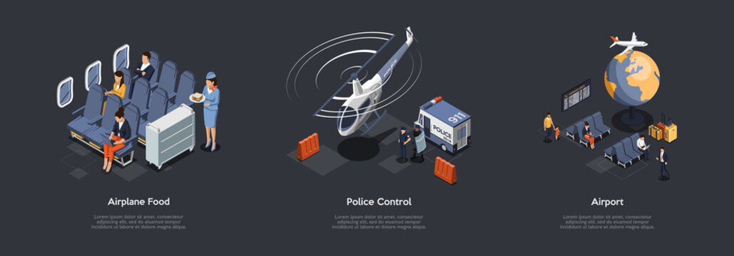 Airline Service And Police Control Concept. Stewardess Brings In-Flight Meal. Emergency 911, Police Helicopter On Duty. Passengers, Guests At The Airport Lounge. 3d Isometric Vector Illustration Set