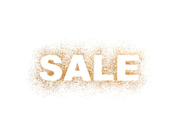 Word sale on golden glitter over white background