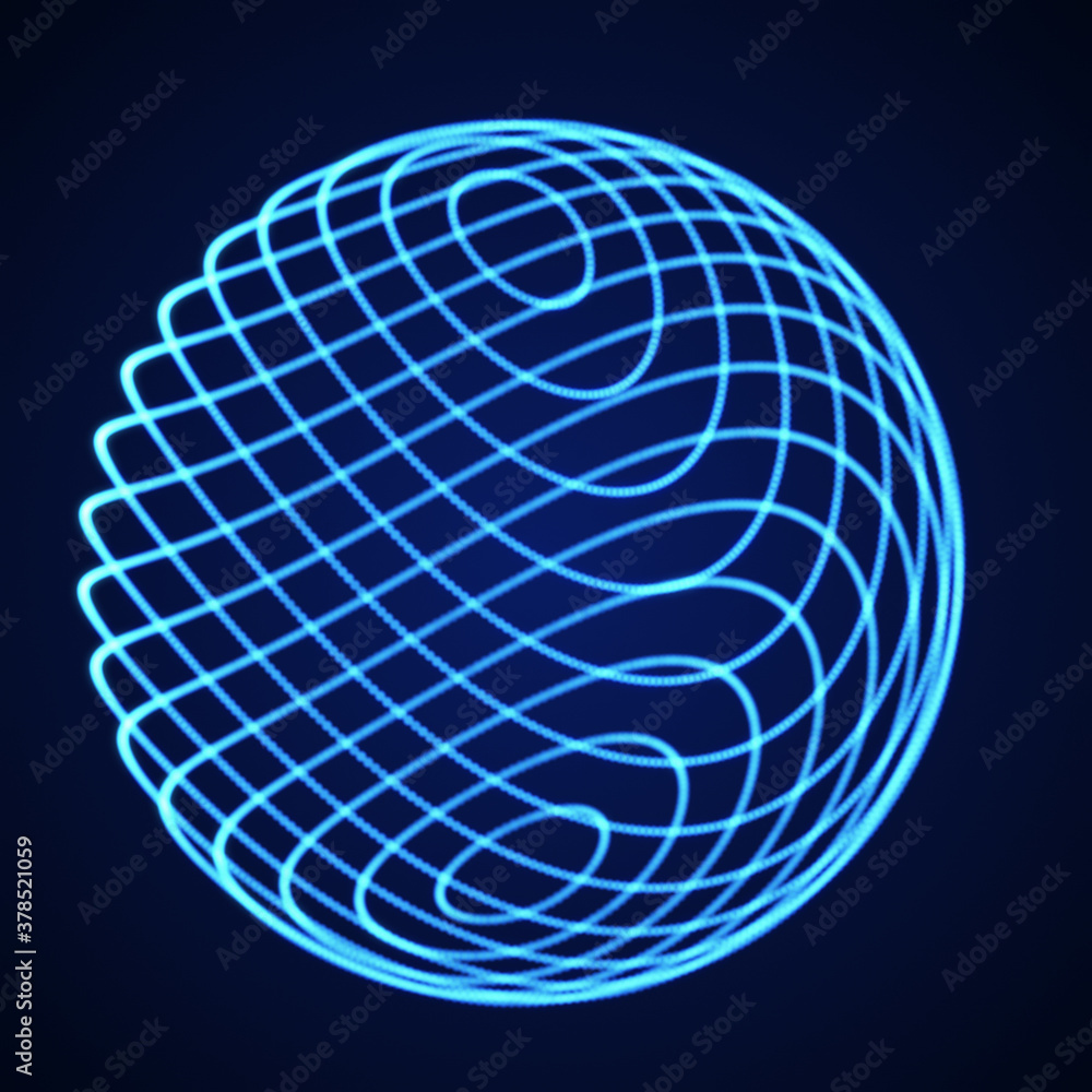 Aufkleber 3d abstract sphere of particles. Twisted lines of sphere on dark background. Science and technology design. 3d