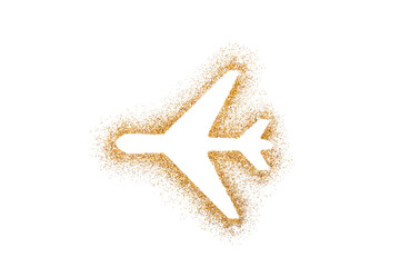 Airplane shape on golden glitter over white background