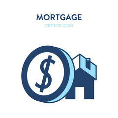 Mortgage icon. Vector illustration of a house building and a big dollar coin. Represents a concept of loan, credit, financial crisis, mortgage, property issues