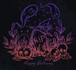 Vector illustration, Happy Halloween,skull, grave, ghosts, mysticism. Handmade, prints on T-shirts, background chalkboard