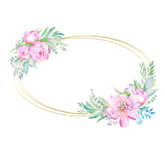 Watercolor hand painted floral wreath, floral border, jpg
