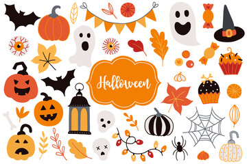 Fototapeta na wymiar Halloween set - pumpkin, garland, ghost, bat, spider, web, leaves, candy
