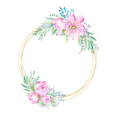 Watercolor hand painted floral wreath, floral border, jpg