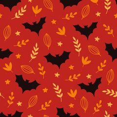 Halloween seamless pattern with bats, leaves, stars on red background