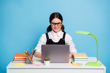 Portrait of her she nice attractive pretty cheerful focused schoolgirl nerd geek preparing exam...