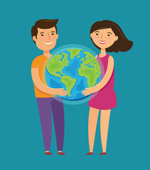 Environment protection, ecology concept. Children hold planet in their hands vector illustration