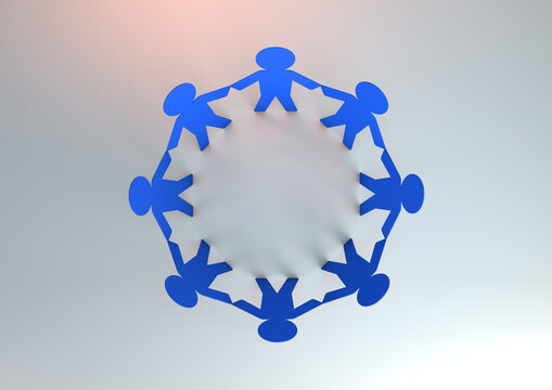 3D Illustration Of Silhouette Of People United As Blue Paper Cut Out And Holding Hands In A Circle. Top View